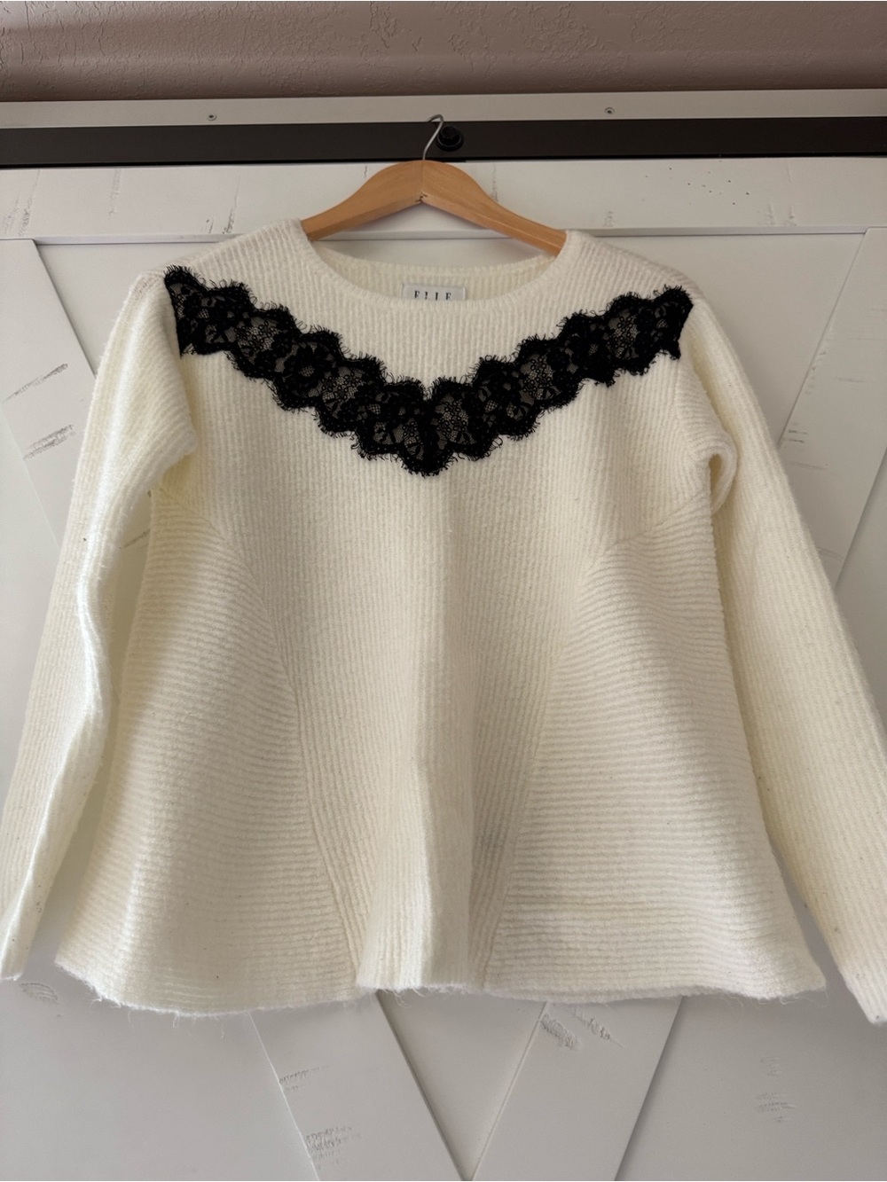 ELLE White Sweater with Black Lace Yoke Detail